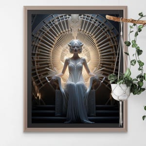 Puede incluir: Una mujer con un vestido blanco se sienta en un trono con una gran estructura circular ornamentada detrás de ella. El trono está hecho de metal y tiene un diseño geométrico. La mujer tiene una expresión serena en su rostro y sus ojos están cerrados.