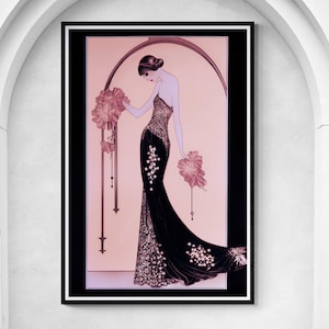 Erte style Art Deco Print of Lady in long black gown with pinkish flowers and background.