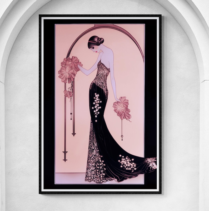 Erte style Art Deco Print of Lady in long black gown with pinkish flowers and background.