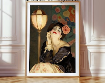 Statement Wall Art Nouveau Print Theatrical Portrait Bedroom Artwork Living Room Gallery Wall Focal Entryway Design Vintage Glamour Elegant