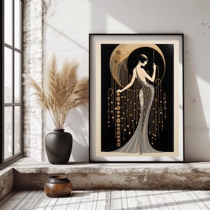 Sophisticated Art Deco artwork featuring a woman in profile, draped in a metallic gown with cascading gold details and geometric design elements