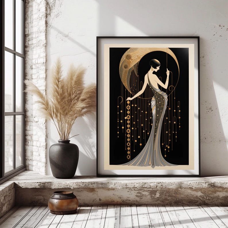 Sophisticated Art Deco artwork featuring a woman in profile, draped in a metallic gown with cascading gold details and geometric design elements