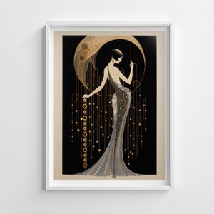 Vintage-style decorative print with a glamorous woman in an ornate dress, accented with Art Deco gold embellishments and abstract celestial shapes.