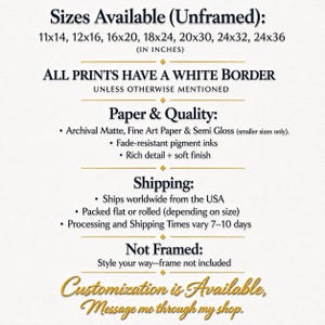 May include: An informational graphic on a white background with dark blue and gold text. It lists available unframed print sizes in inches from 11x14 to 24x36, notes a white border, specifies archival matte, fine art, and semi-gloss paper, and mentions fade-resistant pigment inks.