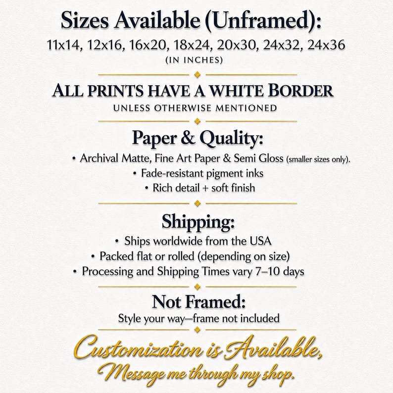 May include: An informational graphic on a white background with dark blue and gold text. It lists available unframed print sizes in inches from 11x14 to 24x36, notes a white border, specifies archival matte, fine art, and semi-gloss paper, and mentions fade-resistant pigment inks.