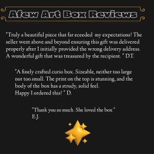May include: A dark background with the text "Afew Art Box Reviews" in a decorative font. The image includes customer reviews praising a curio box, mentioning its quality and the seller's service. Gold star graphics are also present.