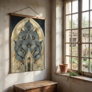 Art Deco botanical wall tapestry with symmetrical floral design in muted teal gold and cream tones