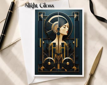 Art Deco Greeting Card Elegant Woman Blank 5x7 Note Card Teal Gold Vintage Glamour Birthday Thank You Card Art Lover Stationery Gift Idea
