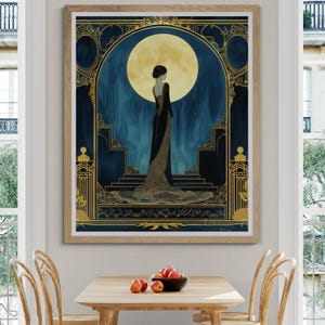 Large Art Deco Wall Art Illustration Vintage Art Print Blue Gold Print Woman Portrait Illustration Elegant Bedroom Hanging Luxury Home Gift image 2