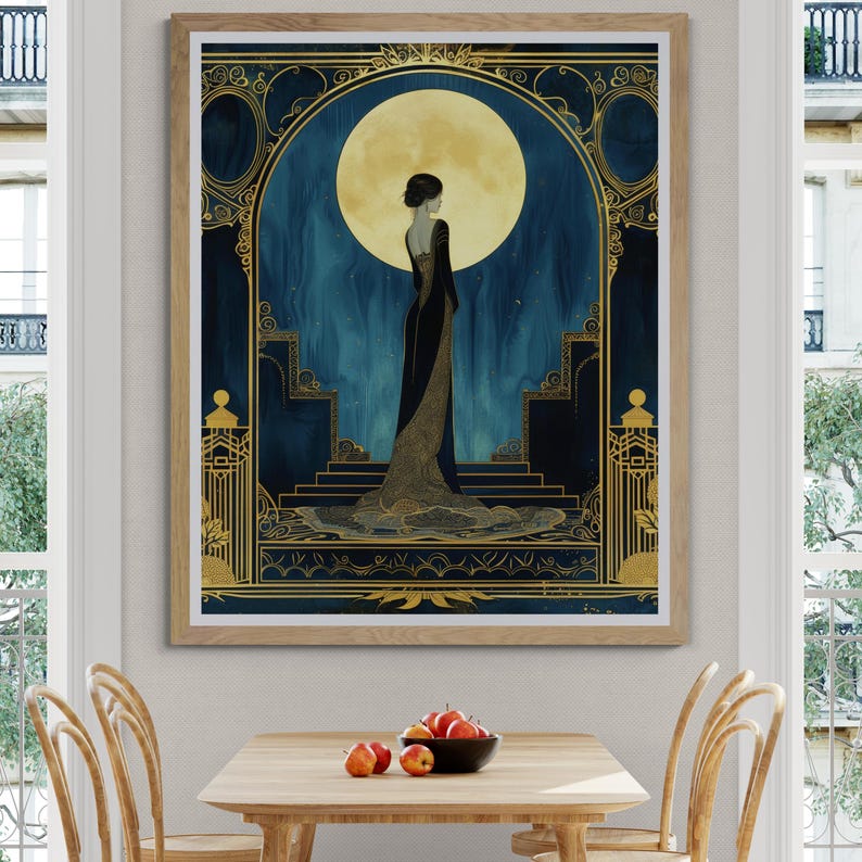 Large Art Deco Wall Art Illustration Vintage Art Print Blue Gold Print Woman Portrait Illustration Elegant Bedroom Hanging Luxury Home Gift image 2