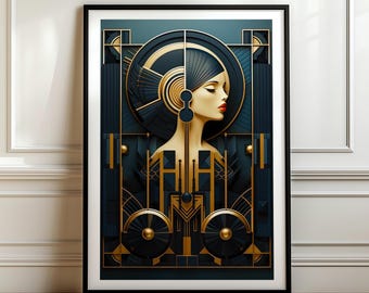 Wall Art Print Art Deco Black Gold Geometric Glamour Portrait 1920s Inspired Fashion Illustration Living Room Gallery Wall