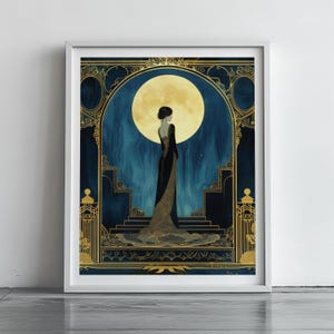 Large Format Art Deco Wall Hanging Vintage Illustration Print Woman Portrait Elegant Design Blue Gold Accent Golden Moon Background Black Gown Figure Luxury Bedroom Gallery Display Statement Piece Premium Fine Art Paper Sophisticated Living