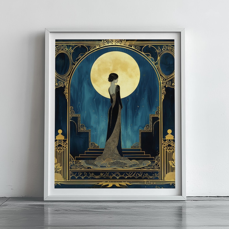 Large Format Art Deco Wall Hanging Vintage Illustration Print Woman Portrait Elegant Design Blue Gold Accent Golden Moon Background Black Gown Figure Luxury Bedroom Gallery Display Statement Piece Premium Fine Art Paper Sophisticated Living
