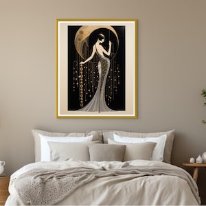 Vintage Woman Print Art Deco Style Silver Dress Portrait Gold Geometric Pattern Home Wall Decor Elegant Framed Display Classic Interior Design Statement Piece Beautiful Room Accent Modern Home Addition Glamorous Wall Art Collection