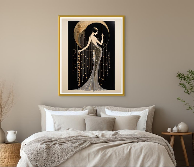 Vintage Woman Print Art Deco Style Silver Dress Portrait Gold Geometric Pattern Home Wall Decor Elegant Framed Display Classic Interior Design Statement Piece Beautiful Room Accent Modern Home Addition Glamorous Wall Art Collection