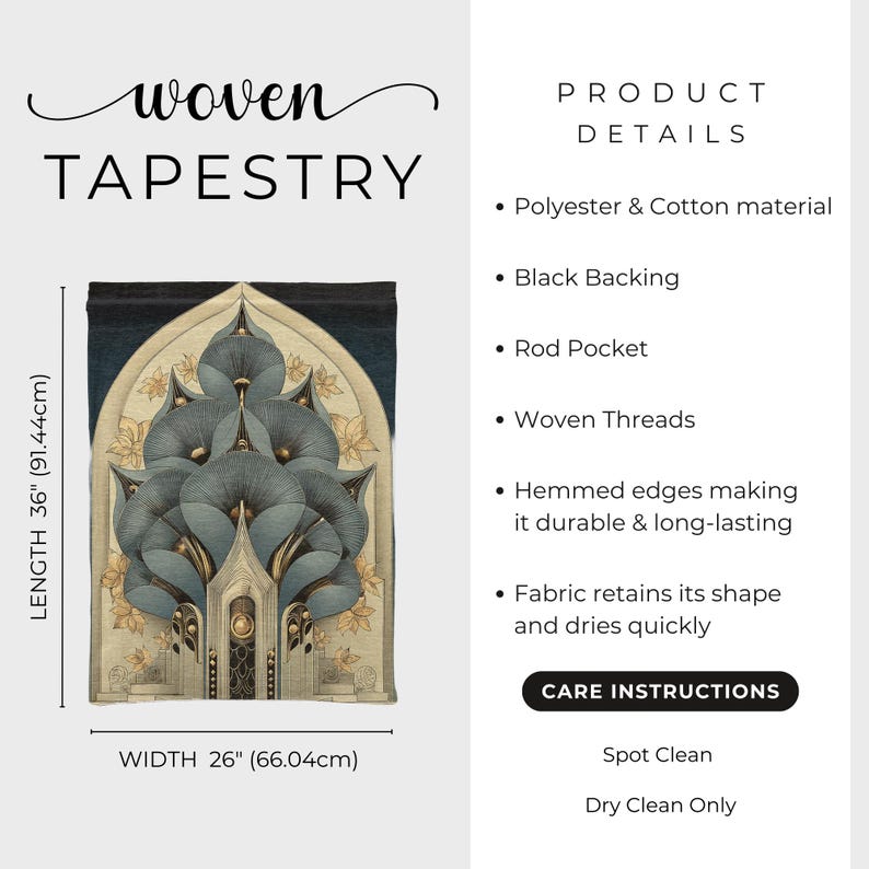 May include: Woven tapestry with a detailed architectural design in shades of blue, gold, and cream. The tapestry is 36 inches (91.44 cm) long and 26 inches (66.04 cm) wide. Features a rod pocket and hemmed edges. Made of polyester and cotton.