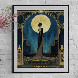 Woman Portrait Illustration Elegant Art Deco Wall Art Vintage Print Blue Gold Design Black Gown Figure Golden Moon Accent Luxury Bedroom Hanging Large Format Gallery Statement Piece Premium Quality Fine Art Paper Sophisticated Living Room