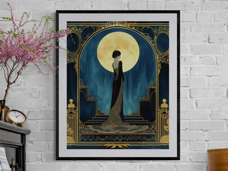 Woman Portrait Illustration Elegant Art Deco Wall Art Vintage Print Blue Gold Design Black Gown Figure Golden Moon Accent Luxury Bedroom Hanging Large Format Gallery Statement Piece Premium Quality Fine Art Paper Sophisticated Living Room