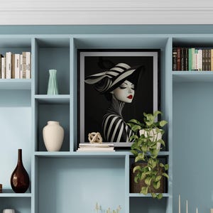 A striking Art Deco Style artwork of a woman in a black-and-white striped outfit and hat, featuring elegant, flowing patterns.
