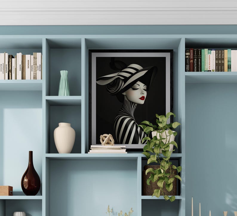 A striking Art Deco Style artwork of a woman in a black-and-white striped outfit and hat, featuring elegant, flowing patterns.
