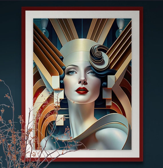Art Deco Art Downloaded Print Bold Colors Geometrical Wall Woman Portrait Poster Modern Bedroom Hanging Vintage Style Illustration Abstract