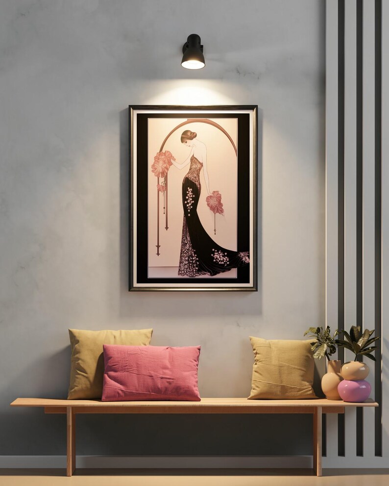 Pink Art Deco Illustration Lady Print Vintage Giclee Portrait Artwork 1920s Bedroom Wall Gift Women Fashion Figure Drawing Print Feminine image 6