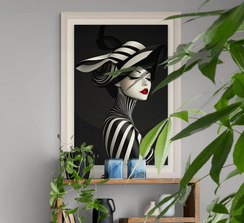 Modern 1920s Art Deco Fashion Magazine Illustration Black White Print Vintage Style Artwork Wall Hanging Interior Design Living Room Bedroom Accent Bold Statement Piece Gallery Wall Art Fine Art Paper Print Timeless Retro Poster