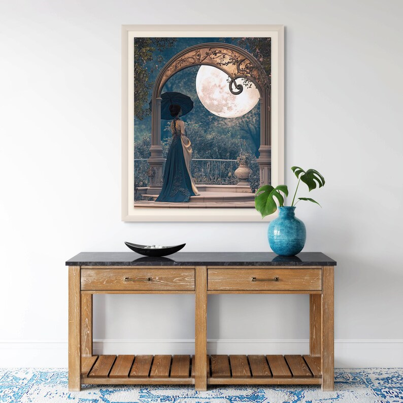 Elegant Statement Wall Art Romantic Couple Illustration Blue Gold Art Nouveau Print Vintage Inspired Bedroom Hanging Maximalist Interior Accent Ornate Classical Design Historical Scene Perfect Home Styling Beautiful Gallery Collection