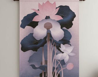 Woven Lotus Wall Tapestry Art Nouveau Floral Wall Hanging Pink Navy Botanical Textile Art Romantic Bedroom Decor Statement Wall Art