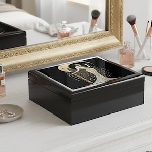 Gift Idea Jewelry Box Black Storage Container Art Deco Design Woman Figure Illustration Gold Accent Details Vintage Style Appearance Elegant Keepsake Holder Glossy Finish Construction Decorative Dresser Accessory Vanity Top Organizer