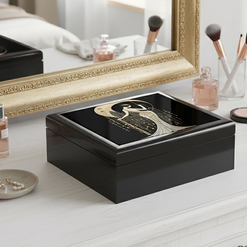 Gift Idea Jewelry Box Black Storage Container Art Deco Design Woman Figure Illustration Gold Accent Details Vintage Style Appearance Elegant Keepsake Holder Glossy Finish Construction Decorative Dresser Accessory Vanity Top Organizer