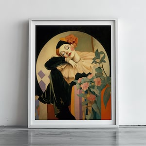 Impresión de arte de mimo vintage, payaso Pierrot, arte de pared, estilo art déco, decoración del hogar, bellas artes caprichosas para coleccionistas, regalo para amantes del teatro o el diseño.