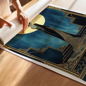A woman in a sleek black gown adorned with gold Art Deco patterns stands gracefully before a glowing full moon, framed by ornate golden arches against a deep sapphire background.