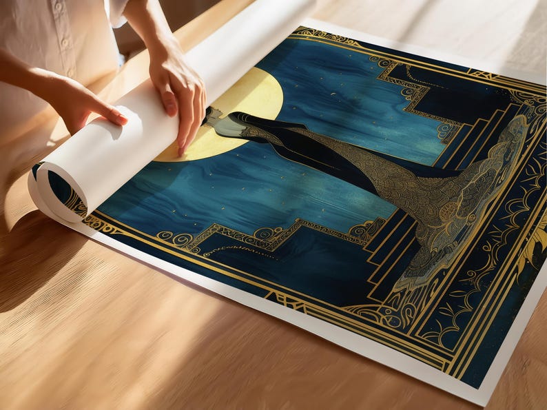 A woman in a sleek black gown adorned with gold Art Deco patterns stands gracefully before a glowing full moon, framed by ornate golden arches against a deep sapphire background.
