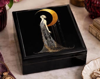 Keepsake Box Art Deco Style Woman  Black Gold Jewelry Storage Rubberwood, 6x6 Inch Ceramic Tile