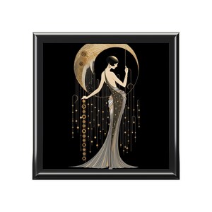 Black Jewelry Box Art Deco Woman Figure Decorative Keepsake Storage Container Gold Accent Vintage Style Elegant Holder Organizer Dresser Top image 5