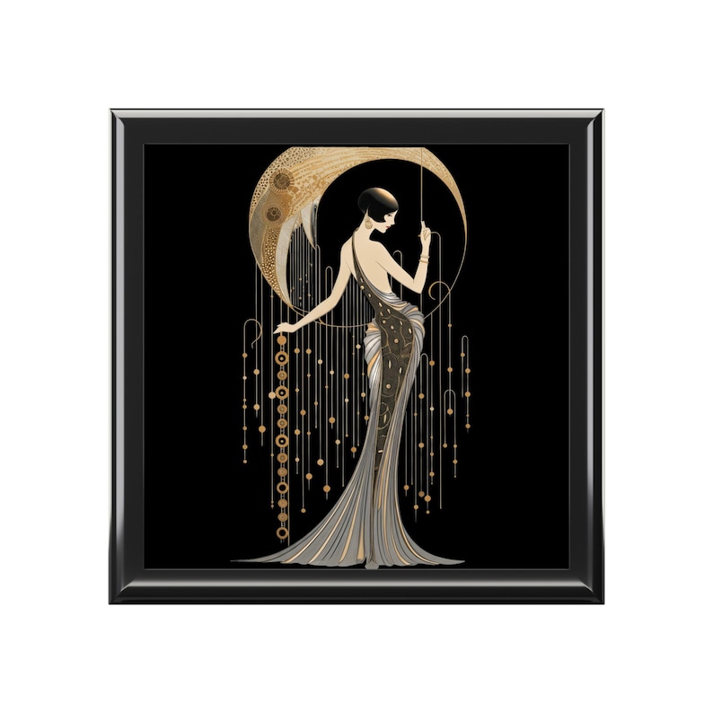 Black Jewelry Box Art Deco Woman Figure Decorative Keepsake Storage Container Gold Accent Vintage Style Elegant Holder Organizer Dresser Top image 5