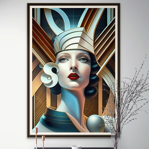 Art Deco Geometric Lady Portrait Print Muted Color Palette Bold Accents Modern Abstract Wall Art Printable Digital Download Minimalist Illustration Contemporary Design Home Office Gift Instant Access Files Feminine Figure Artwork Stylish