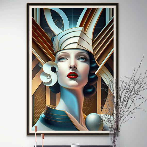 Art Deco Print Muted Color Geometric Lady Portrait Wall Art Printable Files Bold Colors Modern Abstract Design Minimalist Illustration