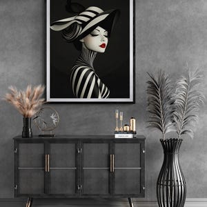 Bold Art Deco Fashion Illustration Black White Print Vintage 1920s Style Modern Artwork Wall Hanging Living Room Bedroom Interior Design Accent Gallery Wall Art Statement Piece Fine Art Paper Print Timeless Magazine Style Poster