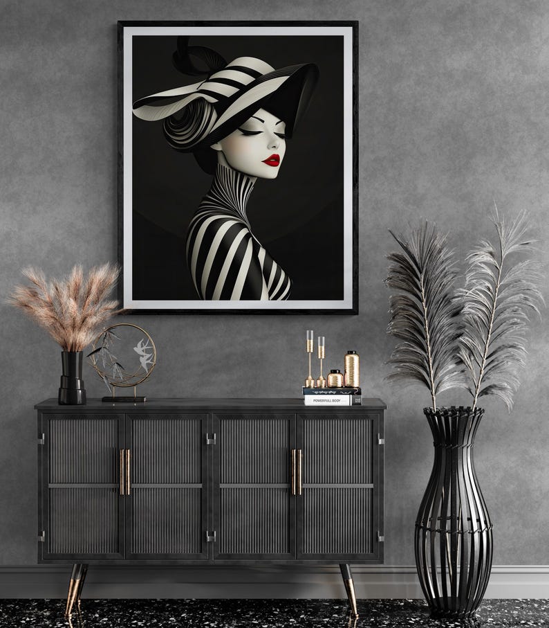 Bold Art Deco Fashion Illustration Black White Print Vintage 1920s Style Modern Artwork Wall Hanging Living Room Bedroom Interior Design Accent Gallery Wall Art Statement Piece Fine Art Paper Print Timeless Magazine Style Poster