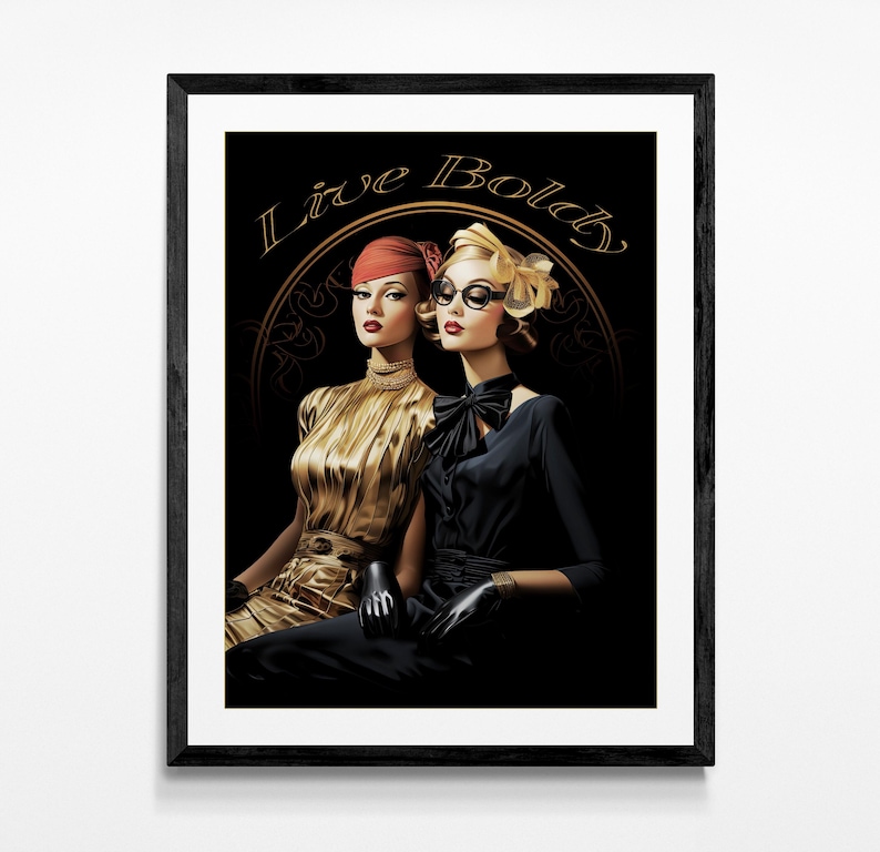 A digital illustration of two stylish women in vintage-inspired fashion, radiating confidence and elegance. One wears a gold pleated dress with a red headscarf, while the other is dressed in black with a bow, gloves, and round glasses. Their poised expressions and luxurious accessories, including a delicate headpiece, add to the sophisticated aesthetic.