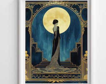 Framed Art Deco Wall Illustration Vintage Print Gold Moon Elegant Lady Artwork Bedroom Gilded Display Luxury Home Hanging Gift Woman Print