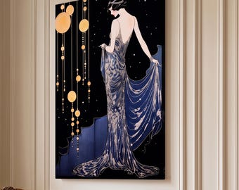 Art Deco Canvas | Vintage Fashion Portrait | Blue Gown Wall Art | 1920s Decor | Black Gold Statement Print