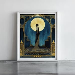 Luxury Home Gift Art Deco Wall Art Vintage Illustration Print Blue Gold Woman Portrait Elegant Black Gown Design Golden Moon Accent Large Format Bedroom Hanging Statement Piece Premium Quality Fine Art Paper Sophisticated Gallery Display
