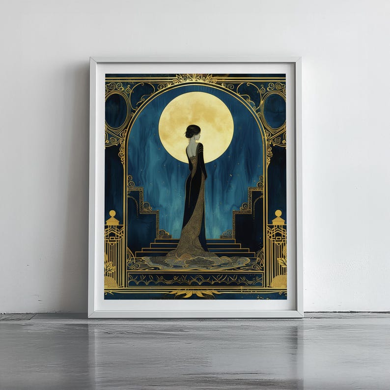 Luxury Home Gift Art Deco Wall Art Vintage Illustration Print Blue Gold Woman Portrait Elegant Black Gown Design Golden Moon Accent Large Format Bedroom Hanging Statement Piece Premium Quality Fine Art Paper Sophisticated Gallery Display