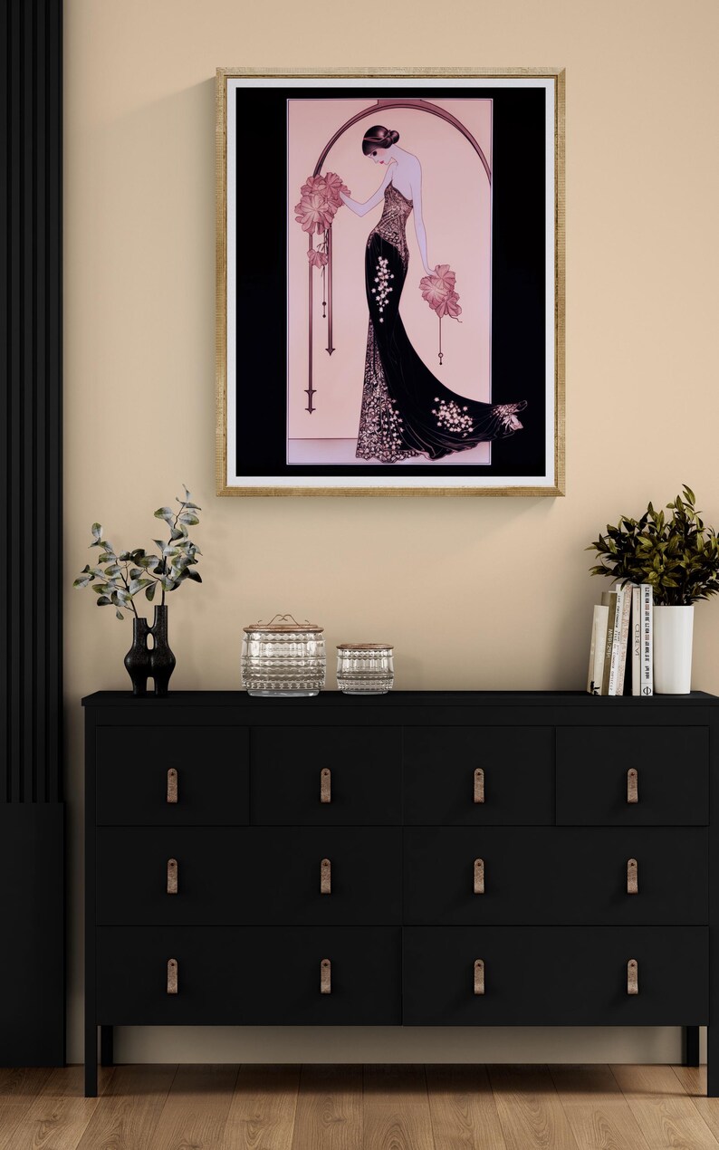 Pink Art Deco Illustration Lady Print Vintage Giclee Portrait Artwork 1920s Bedroom Wall Gift Women Fashion Figure Drawing Print Feminine image 19