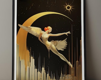 Celestial Wall Art Illustration Moon Star Traditional Art Deco Style Decoration Bedroom Vintage Artwork Elegant Room Design Eclectic