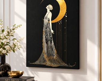 Stretched Canvas Wall Art Art Deco Woman Black Gold Portrait Vintage Glamour Statement Artwork 1920s Style Sophisticated Home Decor Dramatic