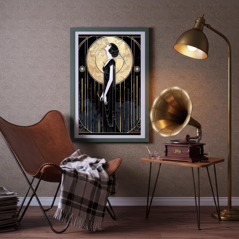 Statement Wand Art Deco Druck Vintage Frau Schwarz Gold Schlafzimmer Design Wohnzimmer Büro Hängen Glamour Illustration Retro Dame Elegant Bild 7
